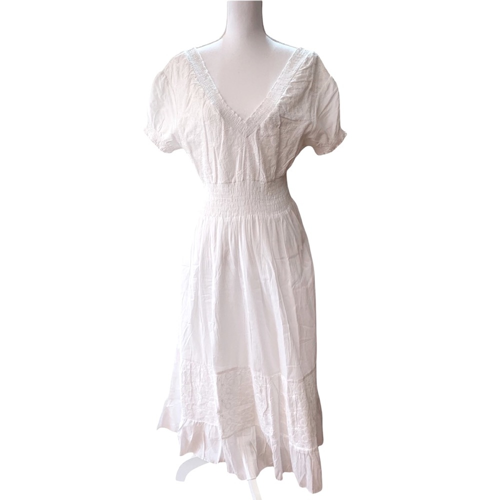WHITE COTTON PRAIRIE FLORAL EMBROIDERY MAXI DRESS NWT PUFF SLEEVES TIERED